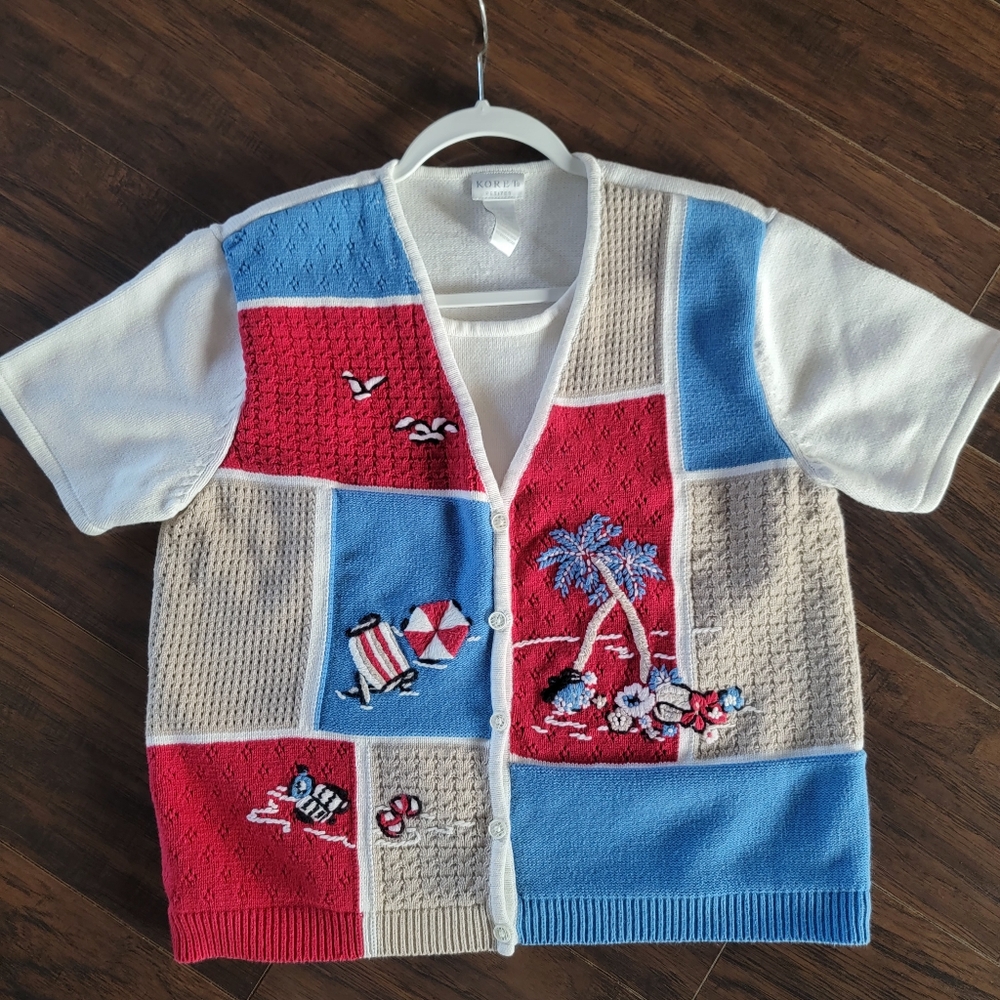 Vintage Koret Thick Knitted Cotton Blend Short‎ Sleeve Cardigan Shirt Sweater